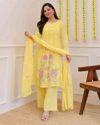 LCW 5820 *NEW PREMIUM PURE COTTON KURTI PANT AND AND DUPATTA WITH EMBRODIERY WORK  - Yellow, M-38