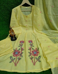 LCW 5820 *NEW PREMIUM PURE COTTON KURTI PANT AND AND DUPATTA WITH EMBRODIERY WORK  - Yellow, L-40