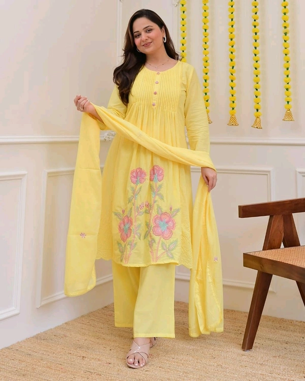 LCW 5820 *NEW PREMIUM PURE COTTON KURTI PANT AND AND DUPATTA WITH EMBRODIERY WORK  - Yellow, XL-42