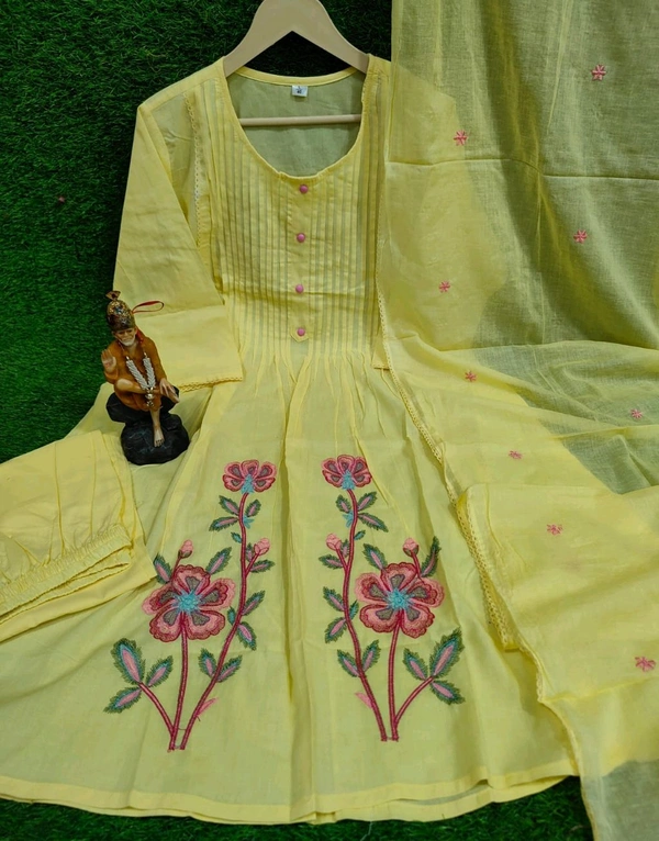 LCW 5820 *NEW PREMIUM PURE COTTON KURTI PANT AND AND DUPATTA WITH EMBRODIERY WORK  - Yellow, XL-42