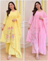 LCW 5820 *NEW PREMIUM PURE COTTON KURTI PANT AND AND DUPATTA WITH EMBRODIERY WORK  - Yellow, XL-42