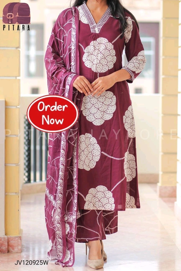 SF5  5821 New Style Cotton Kurti Pant And Dupatta With Side Pocket With Embroidery Work  - Purple, M-38