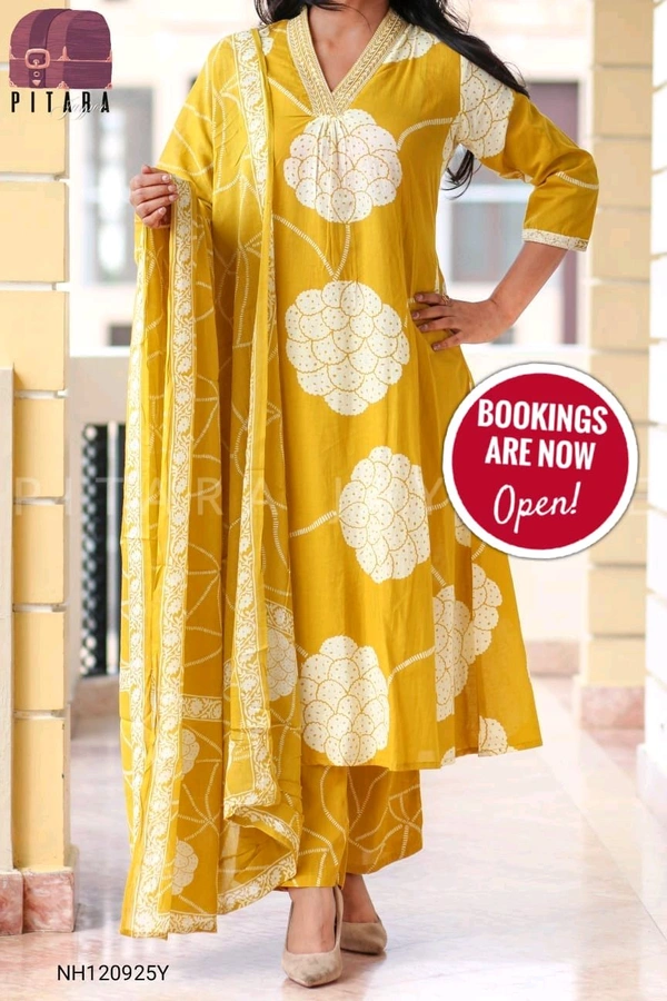 SF5  5821 New Style Cotton Kurti Pant And Dupatta With Side Pocket With Embroidery Work  - Yellow, 2XL-44