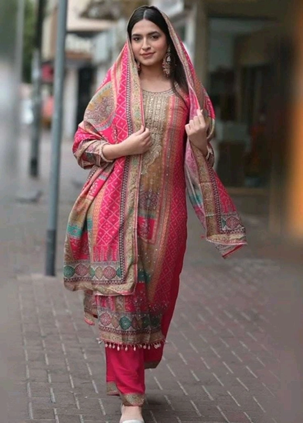 ARM 5822 NEW HOOWA HEAVY FANCY MUSLIN PRINT  PAKISTANI SUIT WITH DUPATTA SET  - pink, XL-42