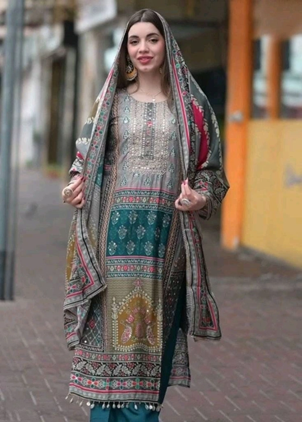 ARM 5822 NEW HOOWA HEAVY FANCY MUSLIN PRINT  PAKISTANI SUIT WITH DUPATTA SET  - Blue, L-40