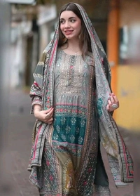 ARM 5822 NEW HOOWA HEAVY FANCY MUSLIN PRINT  PAKISTANI SUIT WITH DUPATTA SET  - Blue, XL-42