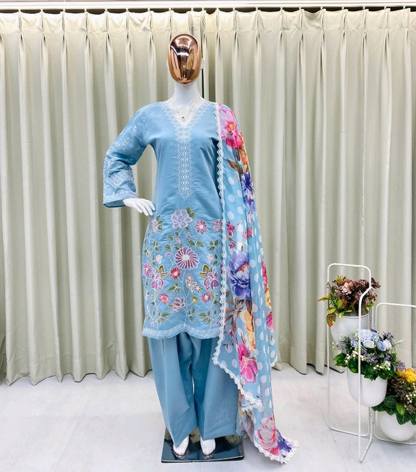 DSS 5823 NEW   DESIGNER TRENDING ROMAN SILK  FARSI SALWAR SUIT IN THREE PIECE WITH EMBROIDERY WORK  - Blue, M-38