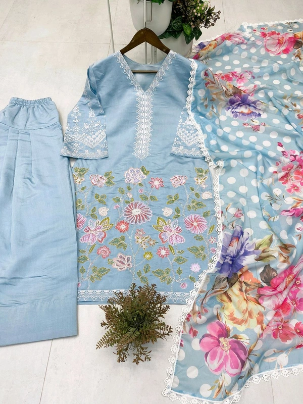 DSS 5823 NEW   DESIGNER TRENDING ROMAN SILK  FARSI SALWAR SUIT IN THREE PIECE WITH EMBROIDERY WORK  - Blue, M-38