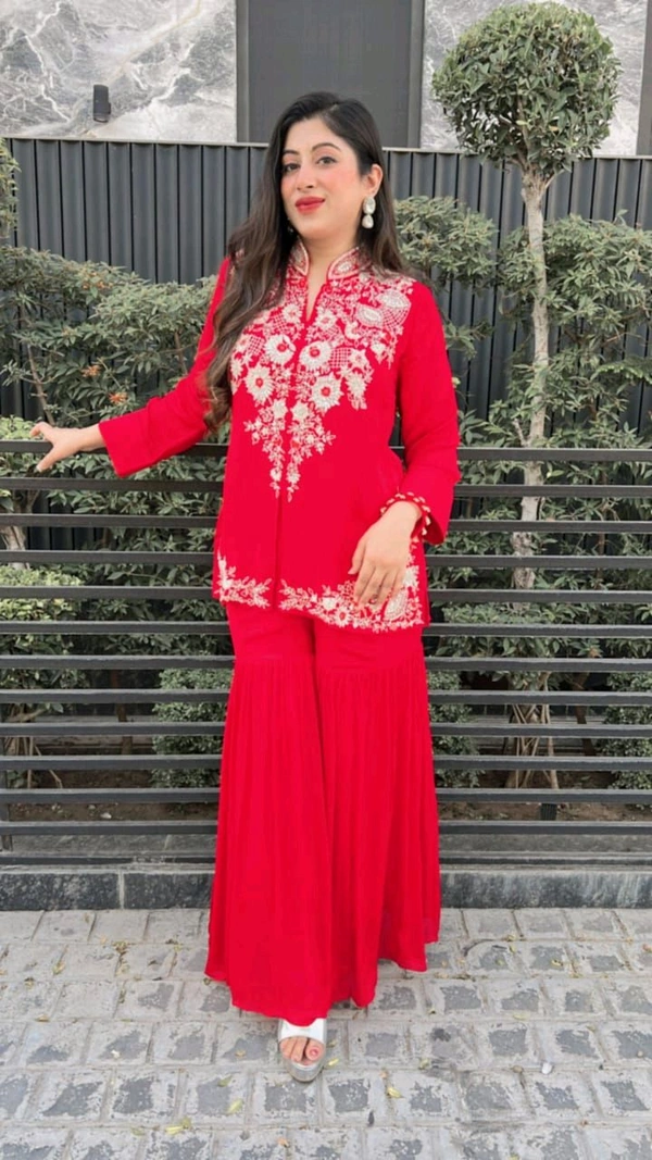 DSS 5824 New Design Launch Soft Georgette Designer Set With Multi Thread Embroidery Work  - Red, XL-42
