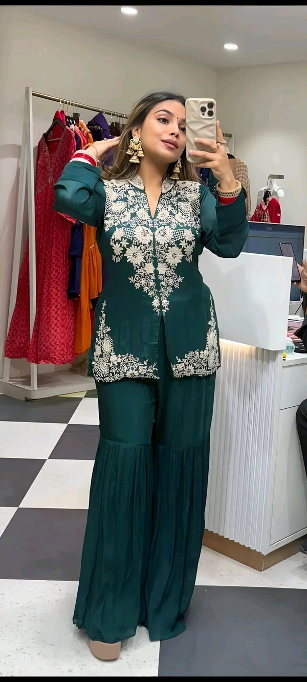 DSS 5824 New Design Launch Soft Georgette Designer Set With Multi Thread Embroidery Work  - Teal green, XL-42