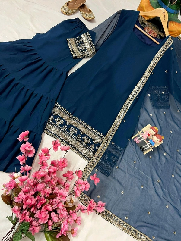 DSS 5833 *ENHANCE THE BEAUTY OF YOUR WARDROBE WITH THIS NEWLY LAUNCHED GEORGETTE  FLAIRED KURTI & SHARARA(Ruffled) SET - M-38