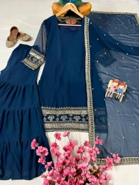 DSS 5833 *ENHANCE THE BEAUTY OF YOUR WARDROBE WITH THIS NEWLY LAUNCHED GEORGETTE  FLAIRED KURTI & SHARARA(Ruffled) SET - M-38