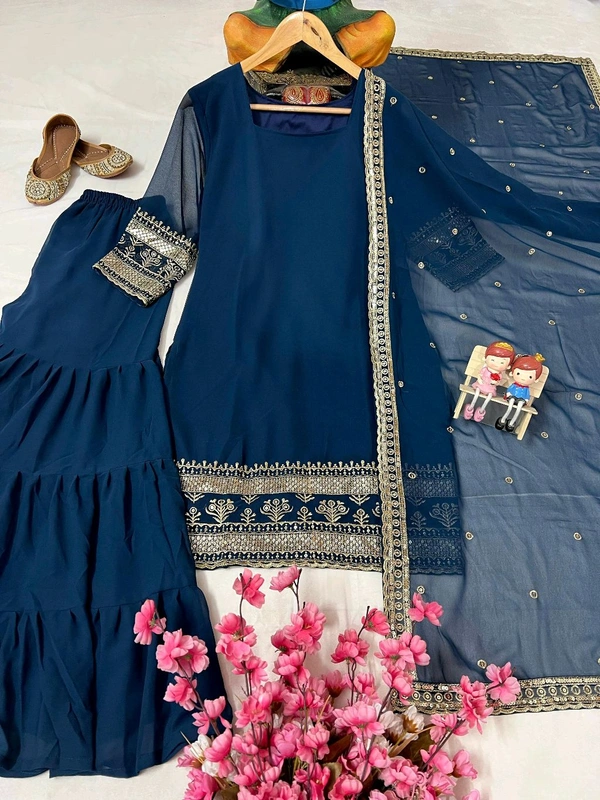 DSS 5833 *ENHANCE THE BEAUTY OF YOUR WARDROBE WITH THIS NEWLY LAUNCHED GEORGETTE  FLAIRED KURTI & SHARARA(Ruffled) SET - M-38