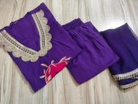 LCW 5834 NEW HEAVY RAYON COTTON  3 PIECE SET HEAVY  LACE EMBROIDERY WORK  - Purple, XL-42