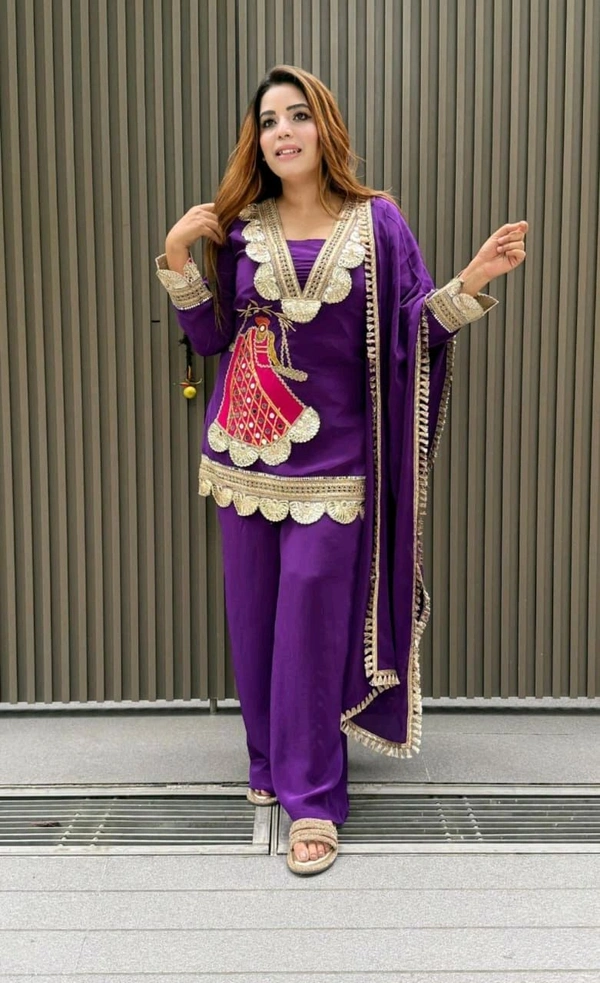 LCW 5834 NEW HEAVY RAYON COTTON  3 PIECE SET HEAVY  LACE EMBROIDERY WORK  - Purple, 2XL-44