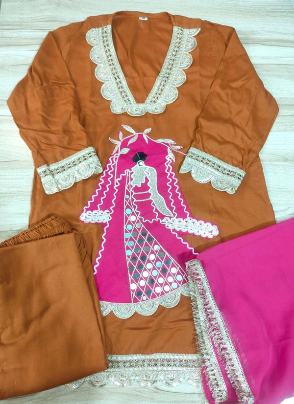 LCW 5834 NEW HEAVY RAYON COTTON  3 PIECE SET HEAVY  LACE EMBROIDERY WORK  - Web Orange, M-38