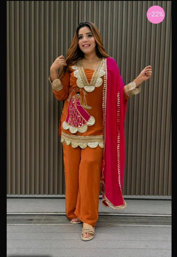 LCW 5834 NEW HEAVY RAYON COTTON  3 PIECE SET HEAVY  LACE EMBROIDERY WORK  - Web Orange, XL-42