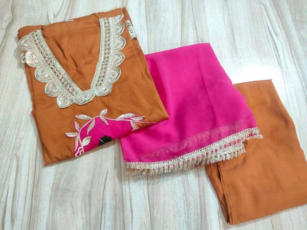 LCW 5834 NEW HEAVY RAYON COTTON  3 PIECE SET HEAVY  LACE EMBROIDERY WORK  - Web Orange, XL-42