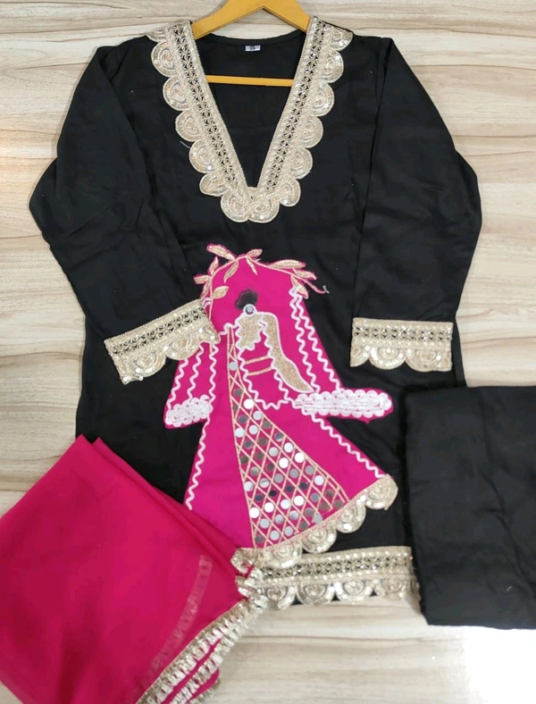 LCW 5834 NEW HEAVY RAYON COTTON  3 PIECE SET HEAVY  LACE EMBROIDERY WORK  - Black, 2XL-44