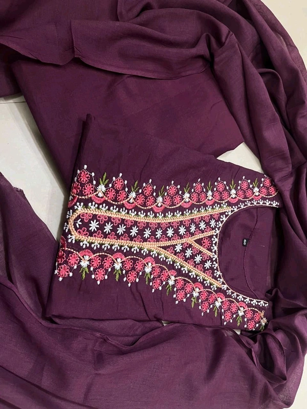 LCW 5835 New launch Pure Cotton Kurti Pant And Malmal Dupatta Set With Colourful Embroidery Work  - Purple, L-40