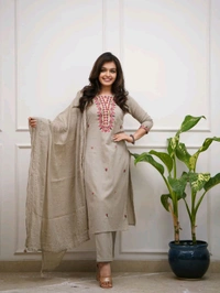 LCW 5835 New launch Pure Cotton Kurti Pant And Malmal Dupatta Set With Colourful Embroidery Work  - Gray, M-38