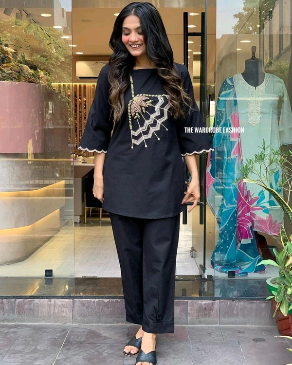 LCW 5838 NEW STYLE BEAUTIFUL DESIGNER  FLEX COTTON CORDSET WITH EMBROIDERY WORK  - Black, M-38