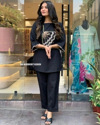 LCW 5838 NEW STYLE BEAUTIFUL DESIGNER  FLEX COTTON CORDSET WITH EMBROIDERY WORK  - Black, M-38