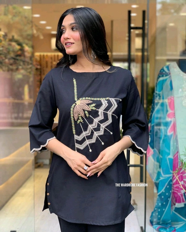 LCW 5838 NEW STYLE BEAUTIFUL DESIGNER  FLEX COTTON CORDSET WITH EMBROIDERY WORK  - Black, M-38