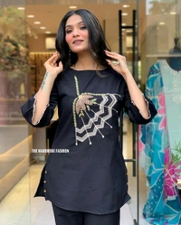 LCW 5838 NEW STYLE BEAUTIFUL DESIGNER  FLEX COTTON CORDSET WITH EMBROIDERY WORK  - Black, M-38