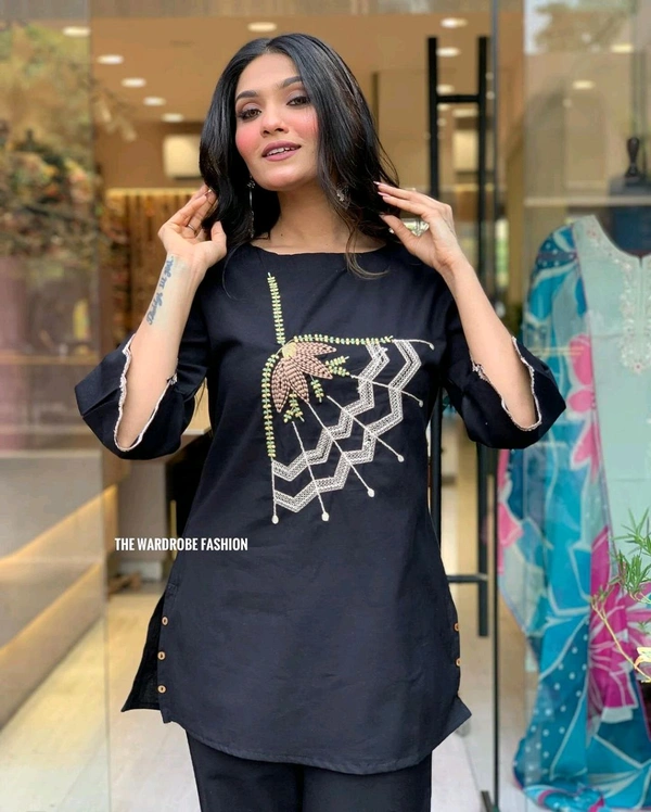 LCW 5838 NEW STYLE BEAUTIFUL DESIGNER  FLEX COTTON CORDSET WITH EMBROIDERY WORK  - Black, M-38