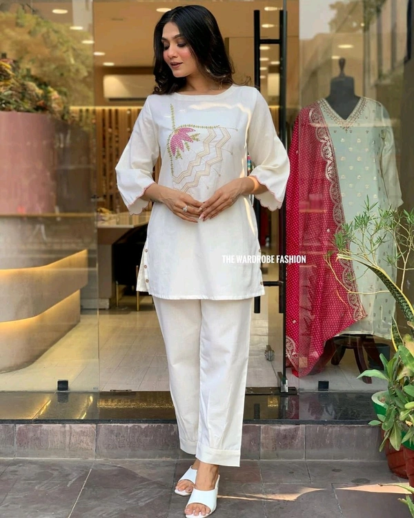 LCW 5838 NEW STYLE BEAUTIFUL DESIGNER  FLEX COTTON CORDSET WITH EMBROIDERY WORK  - White, M-38