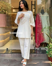 LCW 5838 NEW STYLE BEAUTIFUL DESIGNER  FLEX COTTON CORDSET WITH EMBROIDERY WORK  - White, M-38
