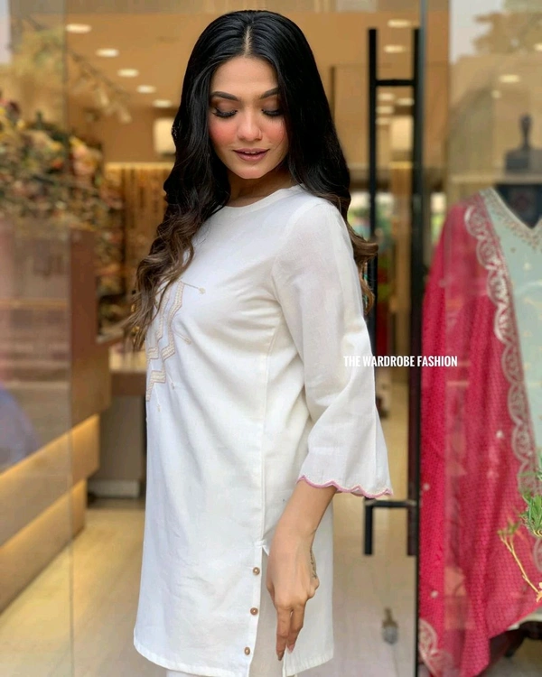 LCW 5838 NEW STYLE BEAUTIFUL DESIGNER  FLEX COTTON CORDSET WITH EMBROIDERY WORK  - White, L-40