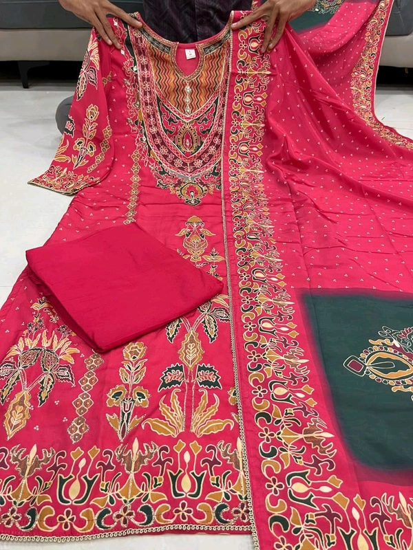 DSS 5840 NEW PREMIUM RUSSIAN SILK KURTI PANT AND DUPATTA SET WITH HAND WORK  - Pink, L-40