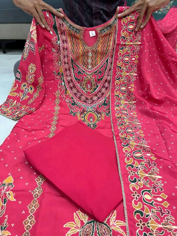 DSS 5840 NEW PREMIUM RUSSIAN SILK KURTI PANT AND DUPATTA SET WITH HAND WORK  - Pink, XL-42