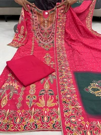 DSS 5840 NEW PREMIUM RUSSIAN SILK KURTI PANT AND DUPATTA SET WITH HAND WORK  - Pink, 2XL-44