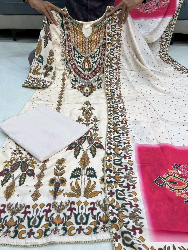 DSS 5840 NEW PREMIUM RUSSIAN SILK KURTI PANT AND DUPATTA SET WITH HAND WORK  - White, M-38