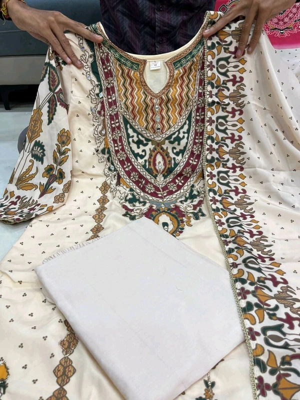 DSS 5840 NEW PREMIUM RUSSIAN SILK KURTI PANT AND DUPATTA SET WITH HAND WORK  - White, XL-42