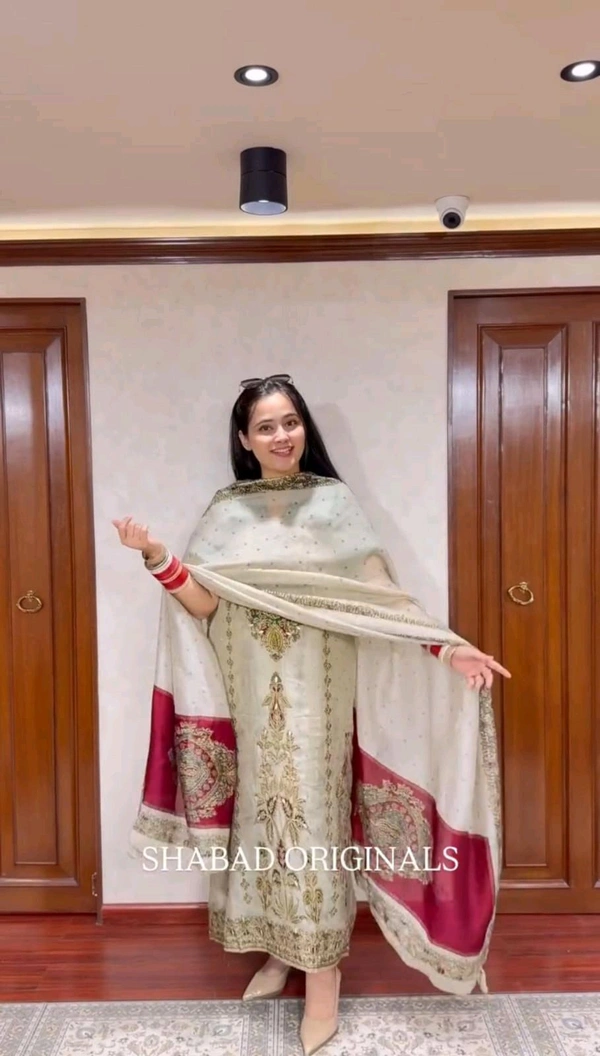 DSS 5840 NEW PREMIUM RUSSIAN SILK KURTI PANT AND DUPATTA SET WITH HAND WORK  - White, 2XL-44