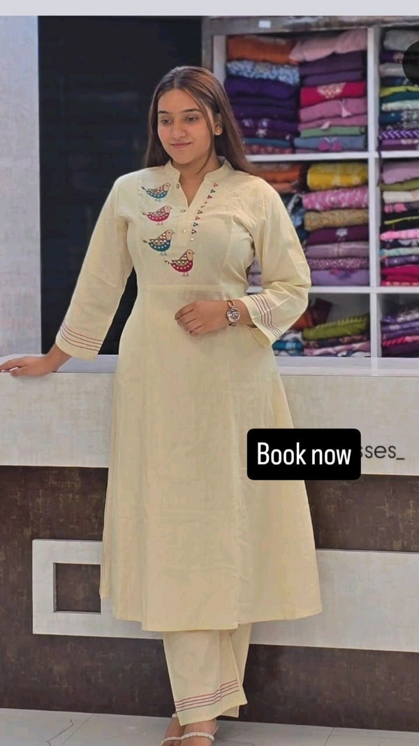 LCW 5844 *New special Beautiful Pure Cotton Kurti with Pant set With  Embroidery work* - White, L-40