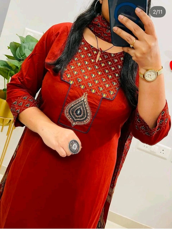 SF5 5846 New Style: cotton printed straight Kurta with Cotton Pant  & Malmal Dupatta Work:  hand work - Red, L-40