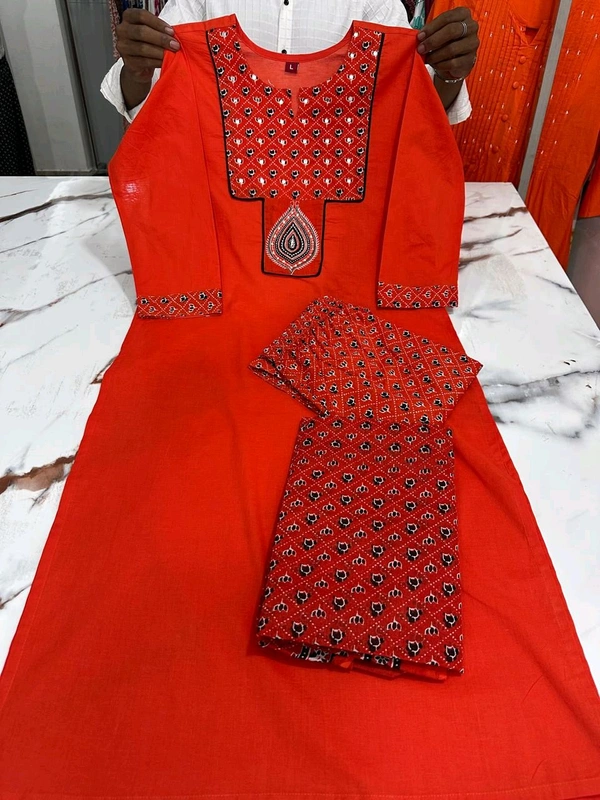 SF5 5846 New Style: cotton printed straight Kurta with Cotton Pant  & Malmal Dupatta Work:  hand work - Red, L-40