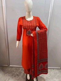 SF5 5846 New Style: cotton printed straight Kurta with Cotton Pant  & Malmal Dupatta Work:  hand work - Red, XL-42
