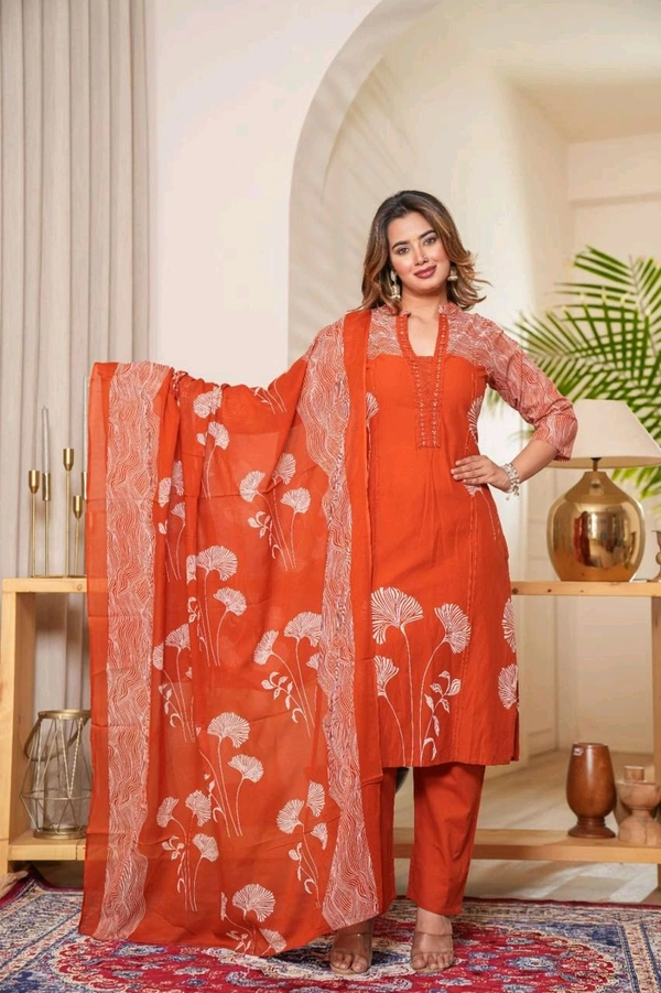 LCW 5847 New Style Cotton  Kurti,pant& dupatta set 
hand work  - Orange, L-40