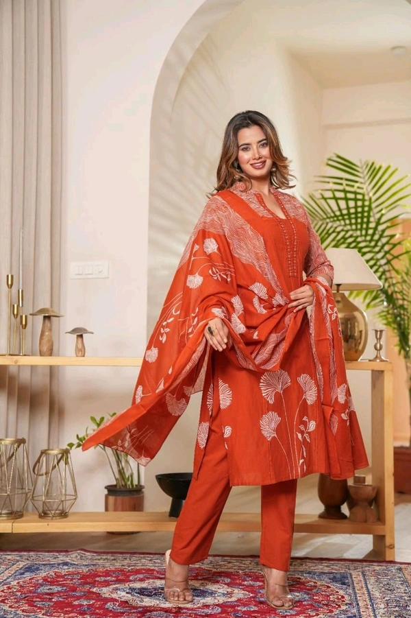 LCW 5847 New Style Cotton  Kurti,pant& dupatta set 
hand work  - Orange, L-40