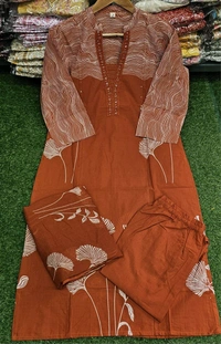 LCW 5847 New Style Cotton  Kurti,pant& dupatta set 
hand work  - Orange, L-40