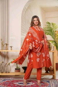 LCW 5847 New Style Cotton  Kurti,pant& dupatta set 
hand work  - Orange, XL-42