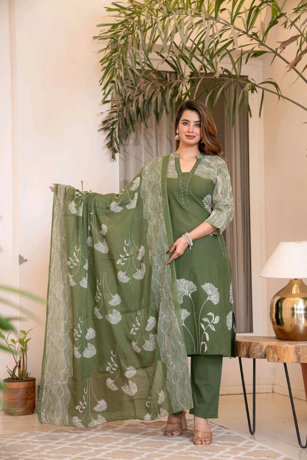 LCW 5847 New Style Cotton  Kurti,pant& dupatta set 
hand work  - Green, M-38
