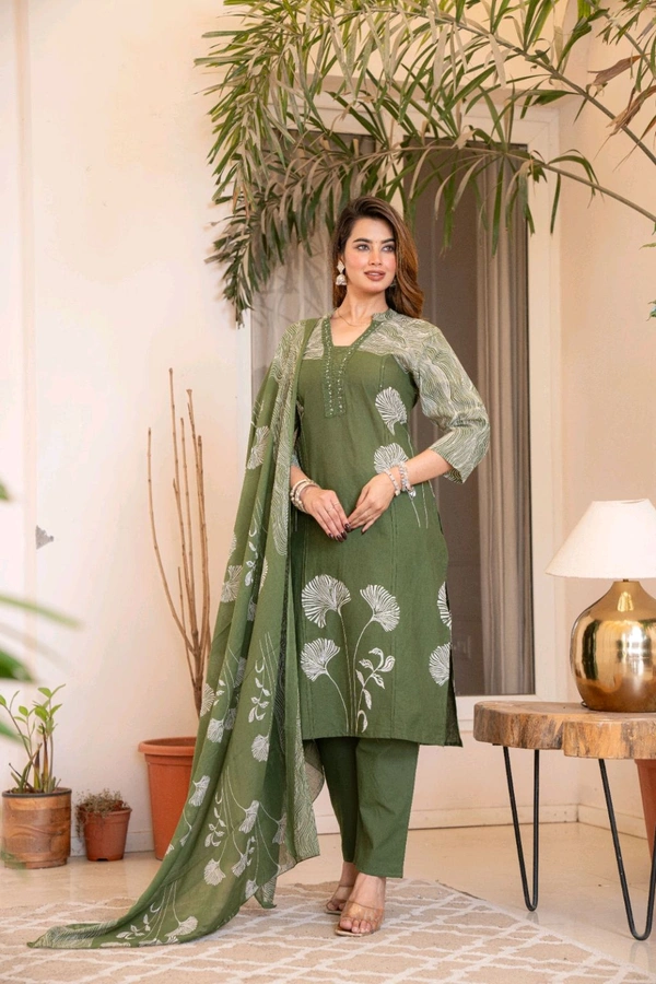 LCW 5847 New Style Cotton  Kurti,pant& dupatta set 
hand work  - Green, M-38