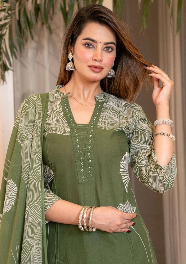 LCW 5847 New Style Cotton  Kurti,pant& dupatta set 
hand work  - Green, L-40